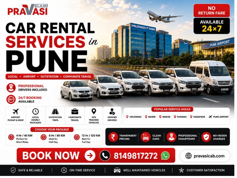Pravasi Cab car rental services in Pune – hatchback, sedan, SUV, Innova and Crysta available