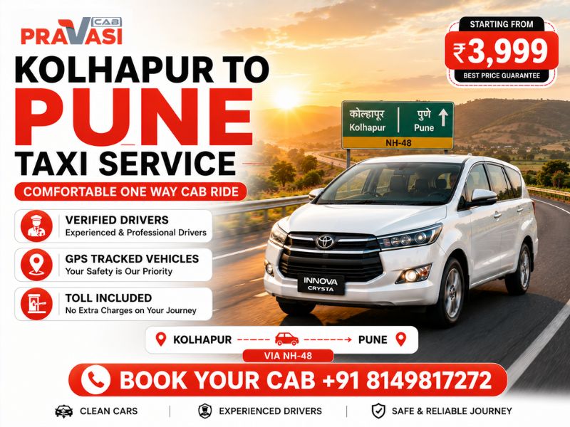 Kolhapur to Pune cab service – Pravasi Cab AC taxi starting ₹3,870