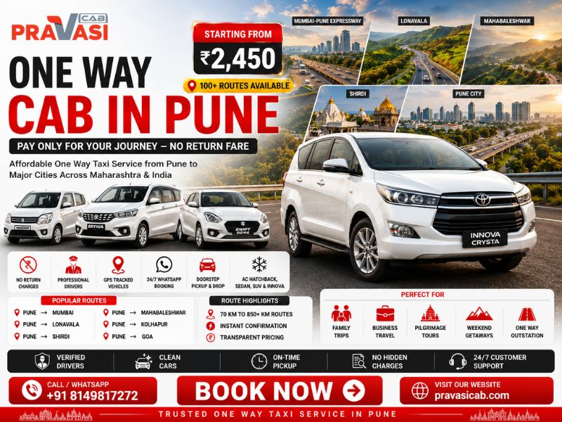 One way cab in Pune — affordable one-side fare taxi service by PravasiCab