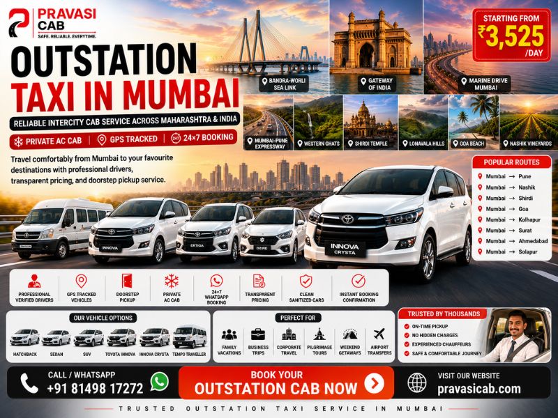 Outstation taxi service in Mumbai — Pravasi Cab fleet ready for long-distance travel from Mumbai acr