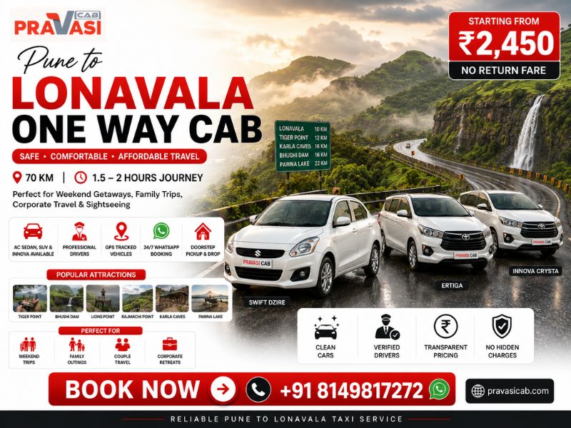 One way cab from Pune to Lonavala — Pravasi Cab affordable taxi service