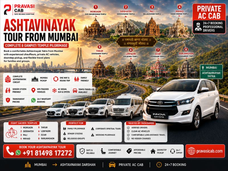 Ashtavinayak tour from Mumbai by car - 8 Ganpati temples cab package - Pravasi Cab