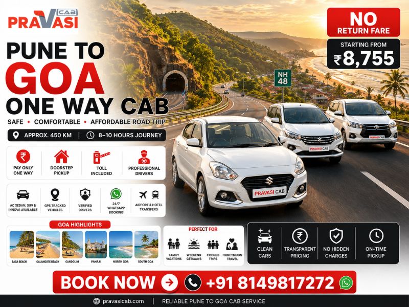 Pune to Goa one way cab service — book affordable taxi from Pune to Goa with Pravasi Cab