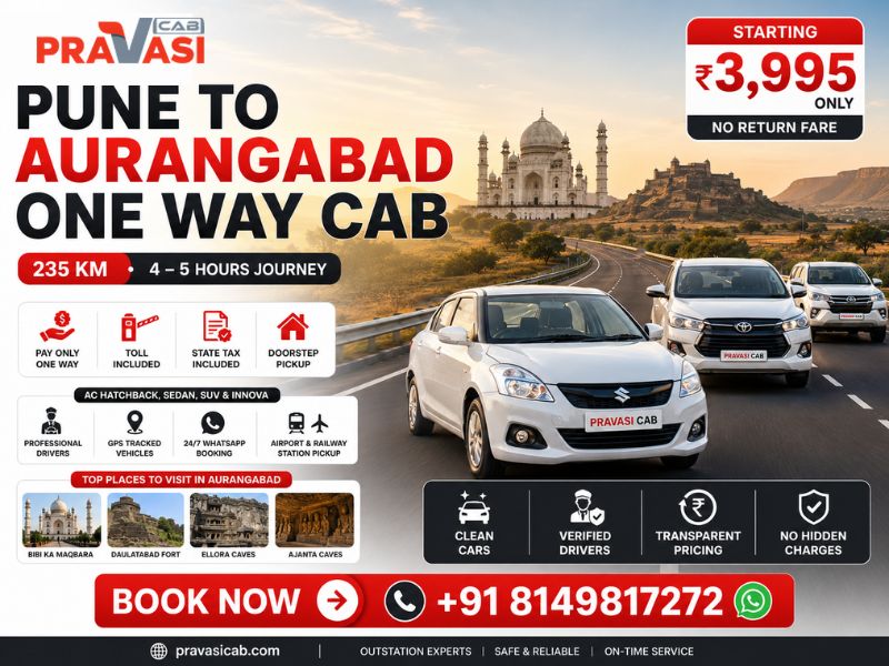 One way cab Pune to Aurangabad — AC taxi service by Pravasi Cab