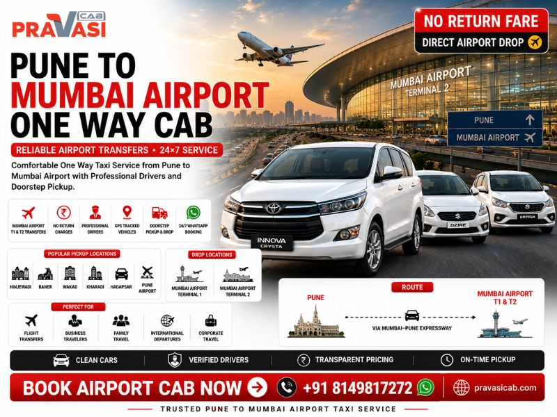 Pune to Mumbai Airport one way cab service — Pravasi Cab AC taxi from ₹2,550
