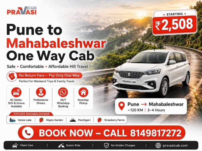 Pune to Mahabaleshwar one way cab service by Pravasi Cab — AC taxi starting ₹2,508