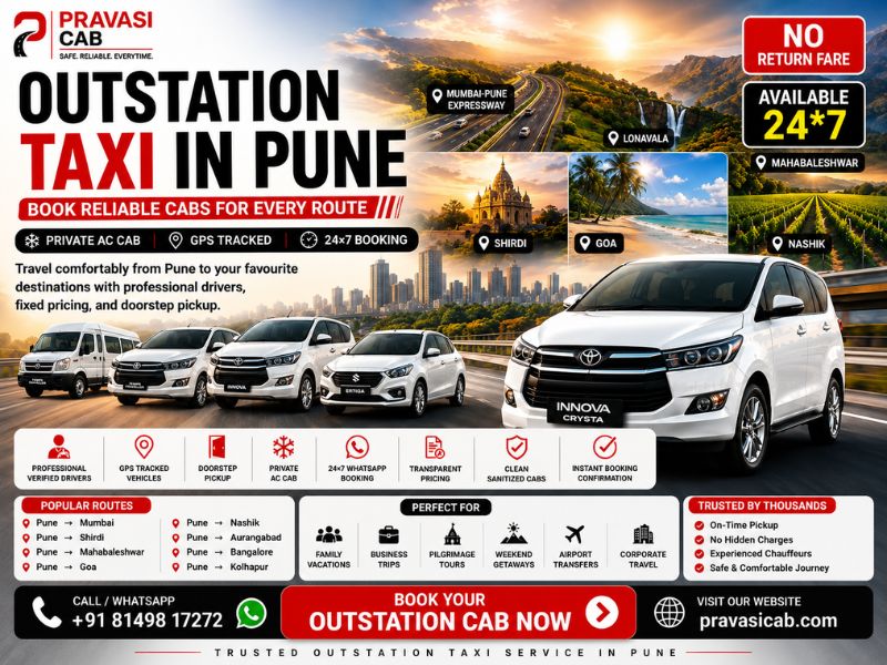Outstation taxi service in Pune — Pravasi Cab fleet ready for long-distance travel across Maharashtr