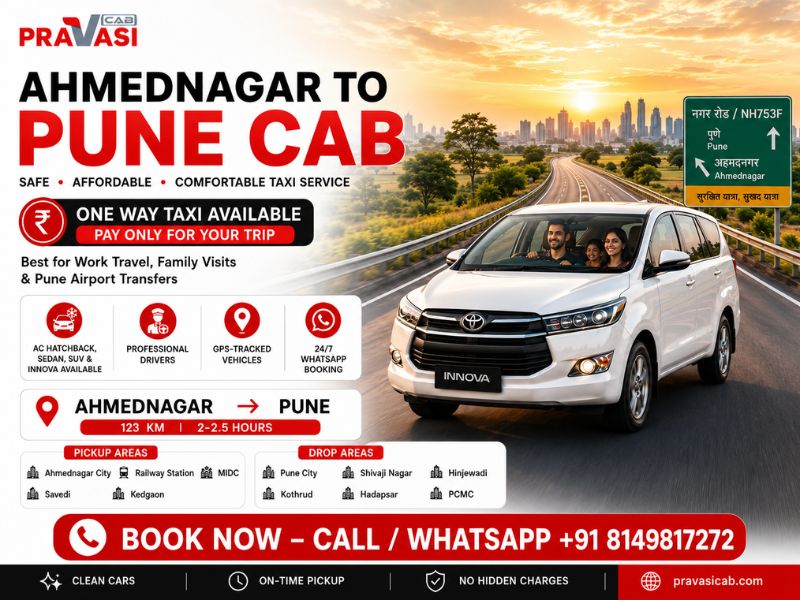 Ahmednagar to Pune cab service — one way taxi booking by Pravasi Cab