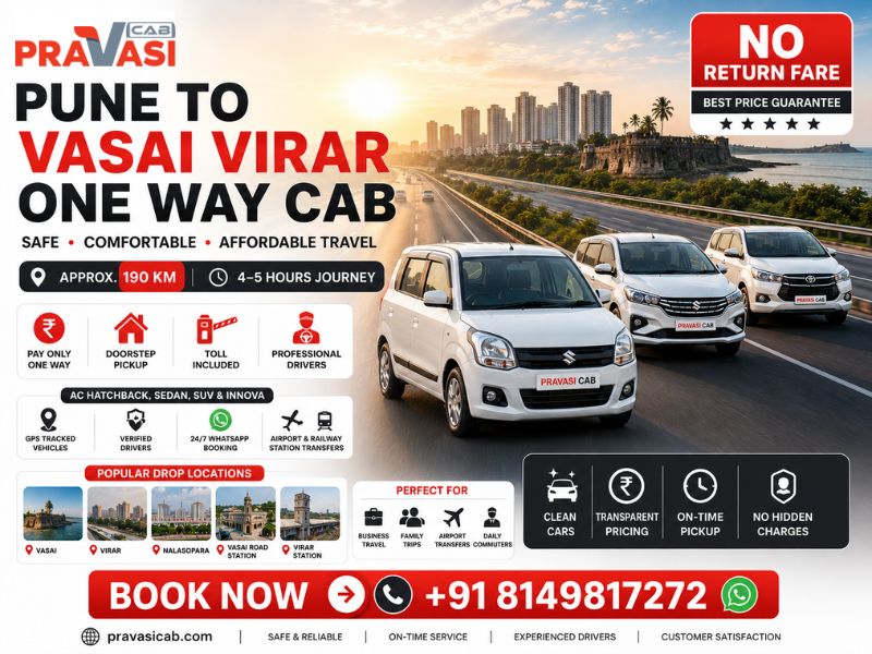 Pune to Vasai Virar one way cab service by Pravasi Cab – affordable taxi starting ₹3,118