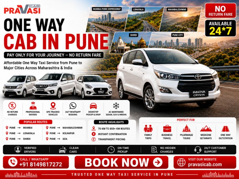 One way cab in Pune — affordable one-side fare taxi service by PravasiCab