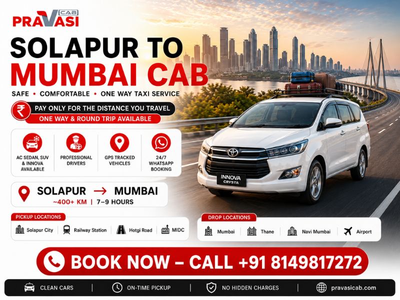 Solapur to Mumbai cab service – Pravasi Cab one way taxi