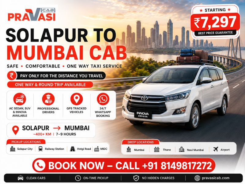 Solapur to Mumbai cab service – Pravasi Cab one way taxi