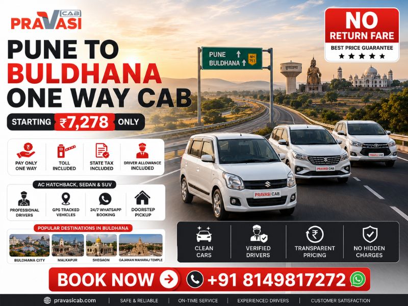 Pune to Buldhana one way cab — AC taxi starting ₹7,278 | Pravasi Cab