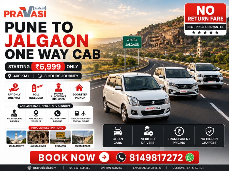 One way cab service from Pune to Jalgaon – affordable taxi booking by Pravasi Cab