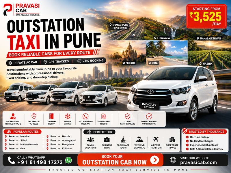Outstation taxi service in Pune — Pravasi Cab fleet ready for long-distance travel across Maharashtr