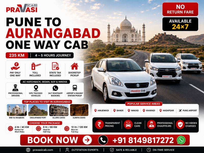 One way cab Pune to Aurangabad — AC taxi service by Pravasi Cab