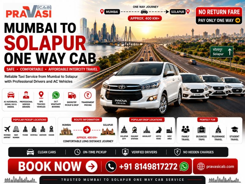 Mumbai to Solapur one way cab service – AC sedan and SUV starting ₹6,690 | Pravasi Cab