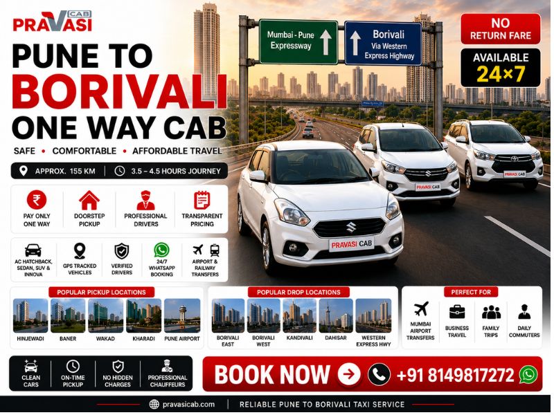 Pune to Borivali one way cab service – book comfortable taxi from Pune to Borivali starting ₹2,700