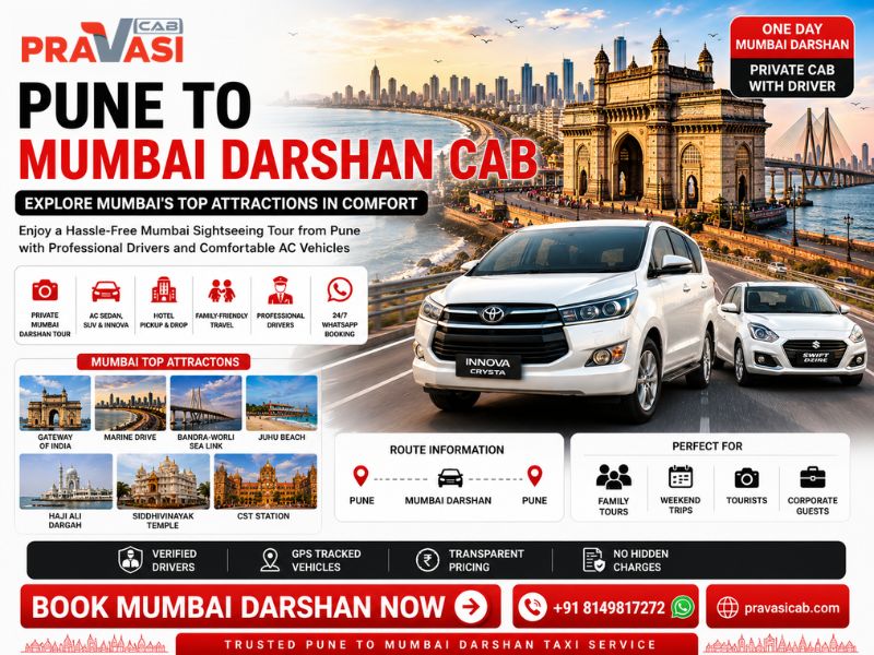 Pravasi Cab AC taxi ready for Pune to Mumbai Darshan sightseeing tour