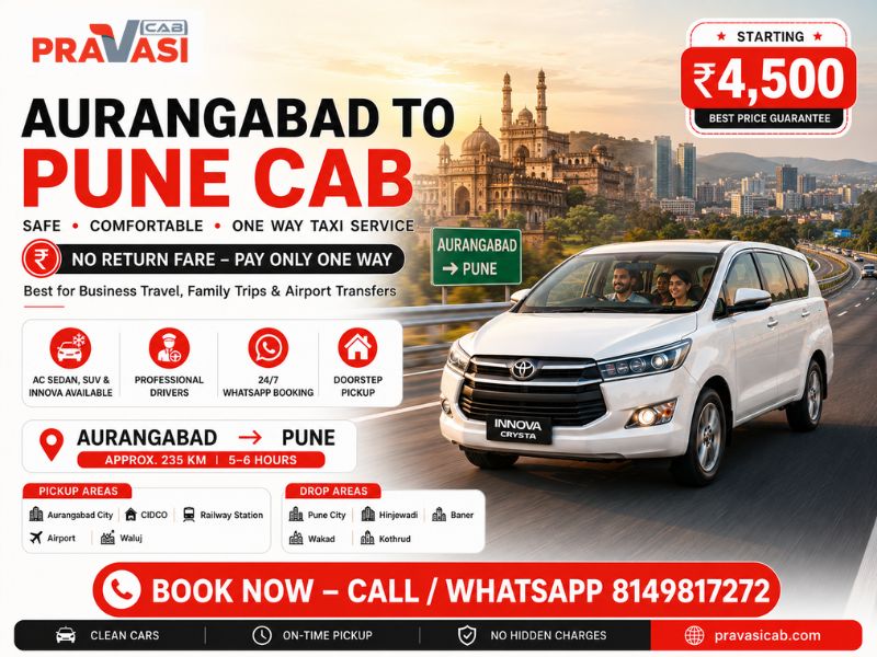 Aurangabad to Pune cab service — one way taxi starting ₹3,941