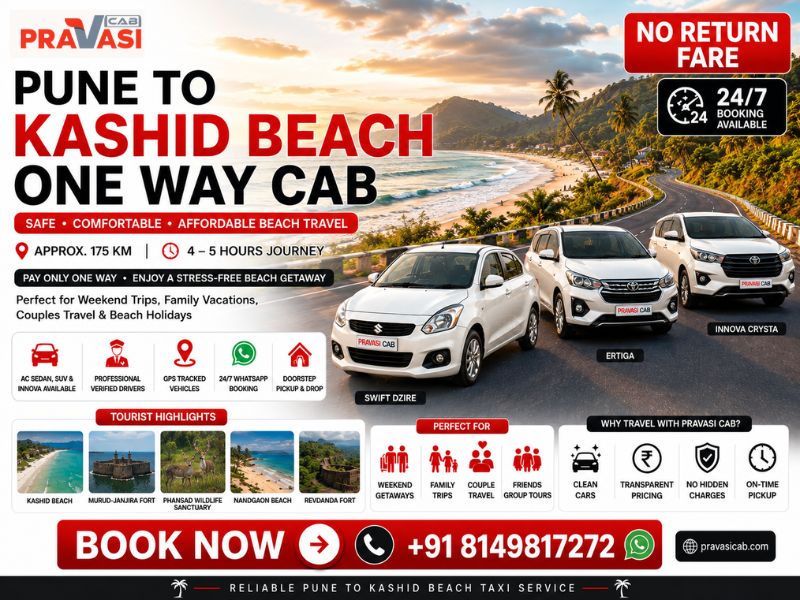 One way cab from Pune to Kashid Beach — Pravasi Cab taxi service