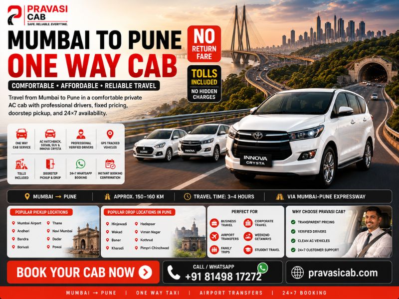 Mumbai to Pune One Way Cab Service by Pravasi Cab – AC Taxi Starting ₹2,450