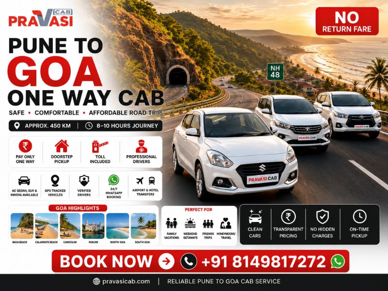 Pune to Goa one way cab service — book affordable taxi from Pune to Goa with Pravasi Cab