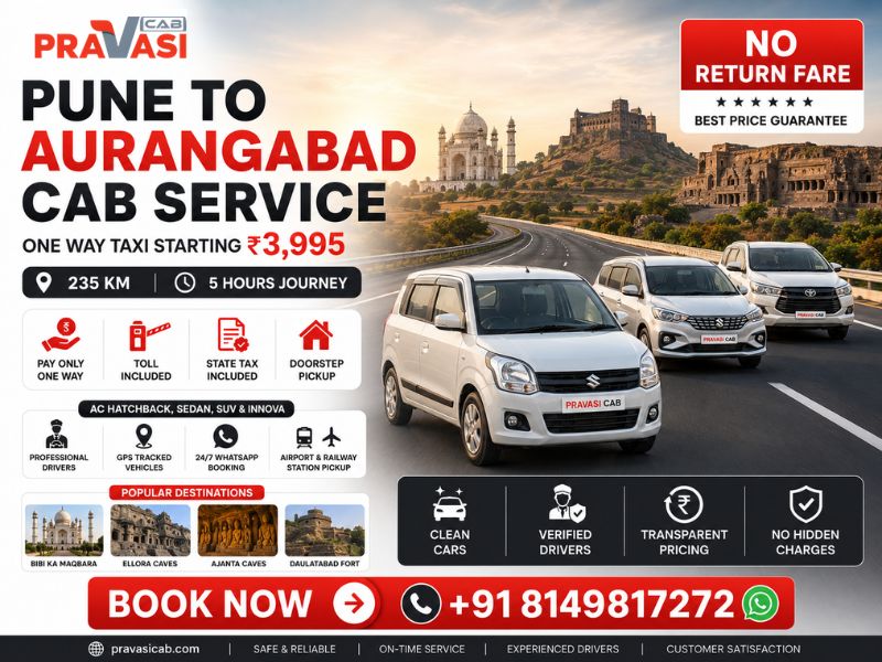 Pune to Aurangabad cab service — one way taxi booking with Pravasi Cab