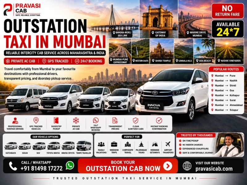 Outstation taxi service in Mumbai — Pravasi Cab fleet ready for long-distance travel from Mumbai acr