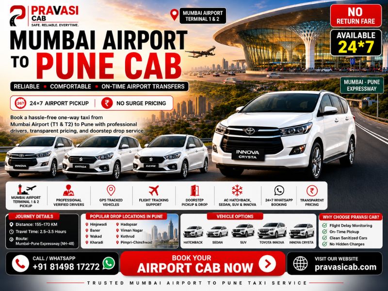 Mumbai Airport to Pune cab service — Pravasi Cab ready for pickup at CSIA T1 and T2 terminals