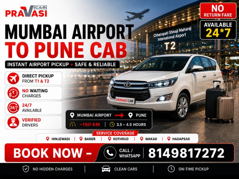 Pravasi Cab – Mumbai Airport to Pune cab service with professional driver and AC vehicle