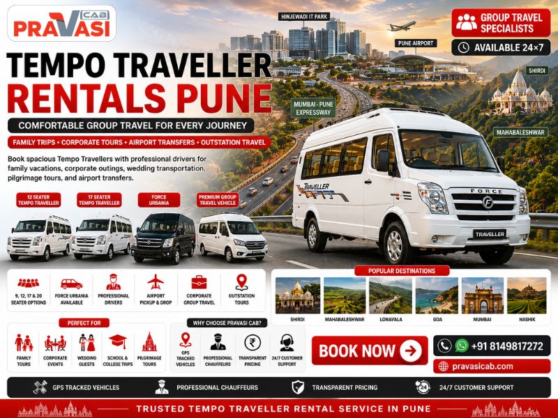 Tempo Traveller rental in Pune for outstation trips — Pravasi Cab 9 17 20 seater AC Non-AC