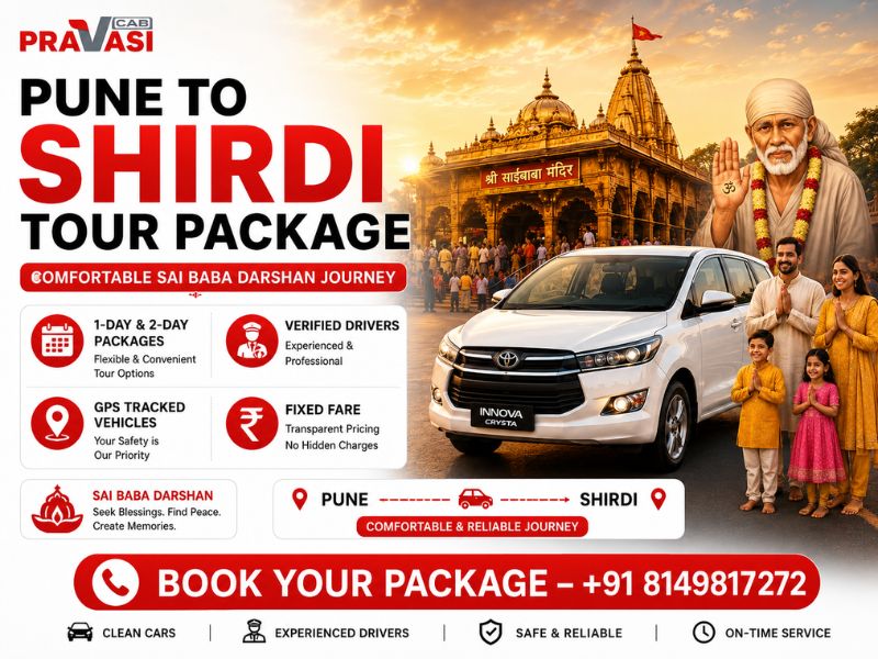 Pravasi Cab AC taxi ready for Pune to Shirdi trip package – 1 day and 2 day darshan cab booking from