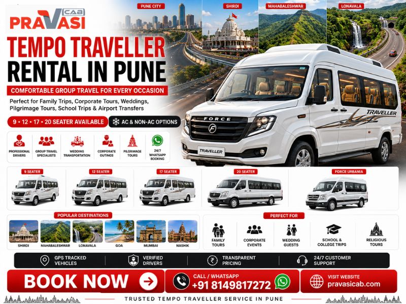 Tempo Traveller for wedding and events in Pune — 9 12 17 20 seater AC Non-AC Baraat Picnic Pravasi C