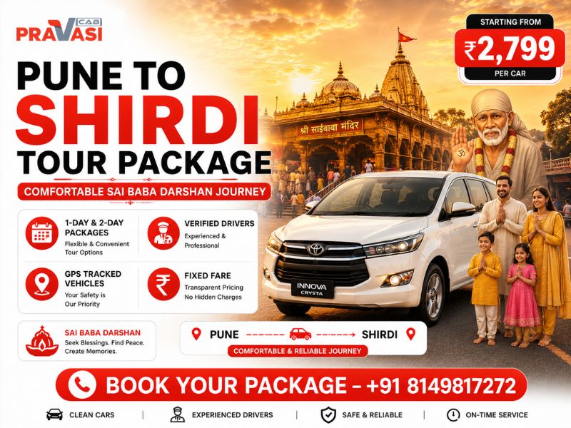 Pravasi Cab AC taxi ready for Pune to Shirdi trip package – 1 day and 2 day darshan cab booking from